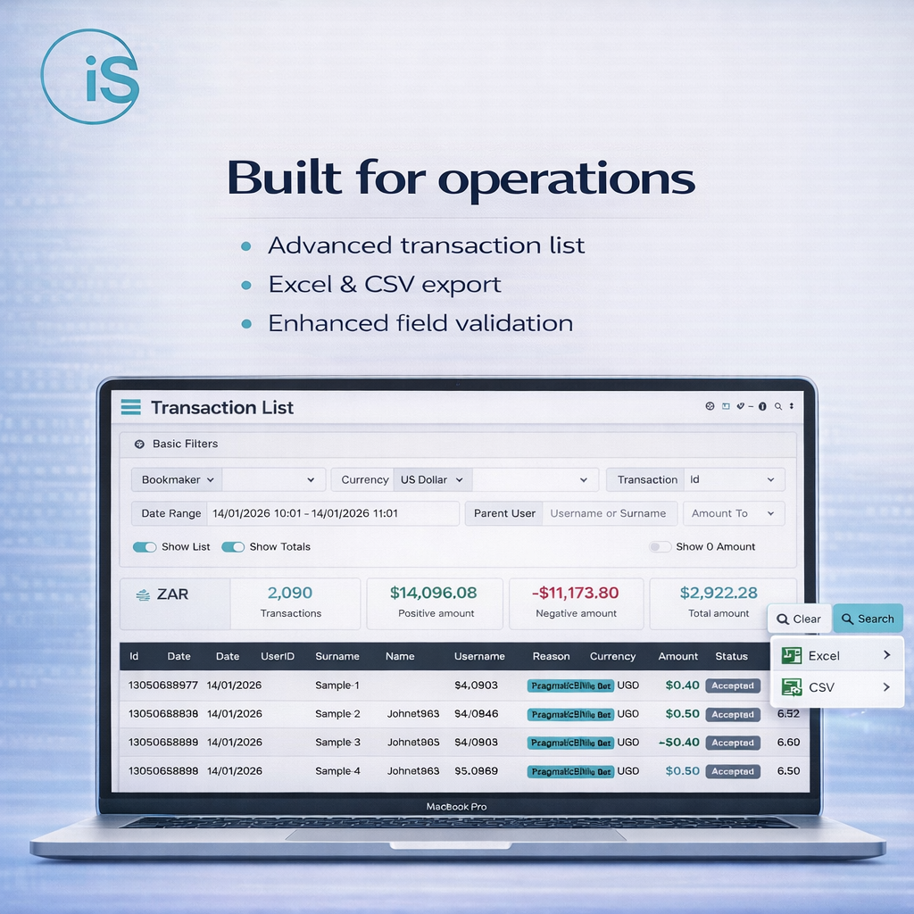 Transaction list with advanced filters, Excel and CSV export, and enhanced field validation